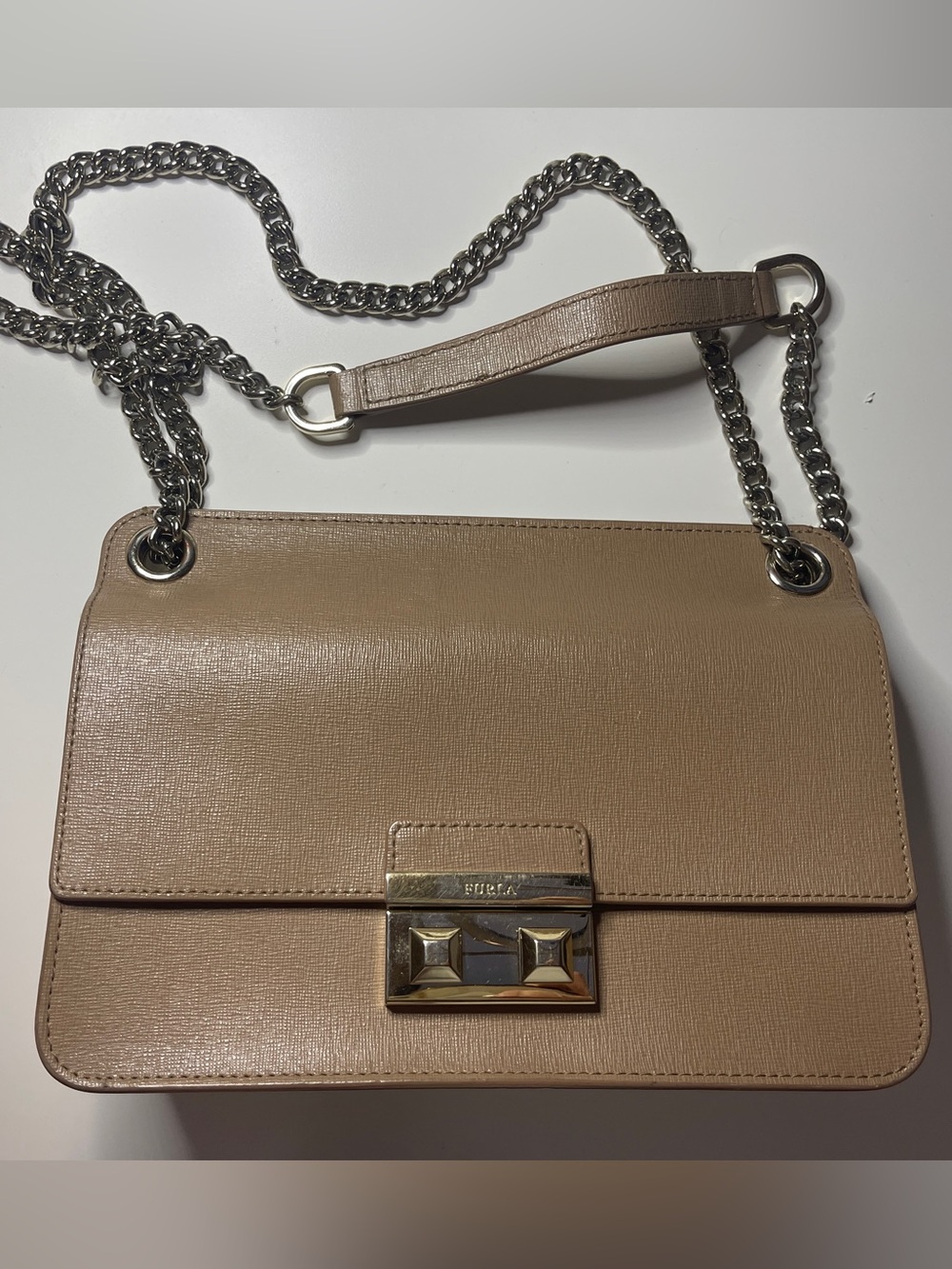 Furla Metropolis Taupe Saffiano Leather Chain Shoulder / Crossbody Bag